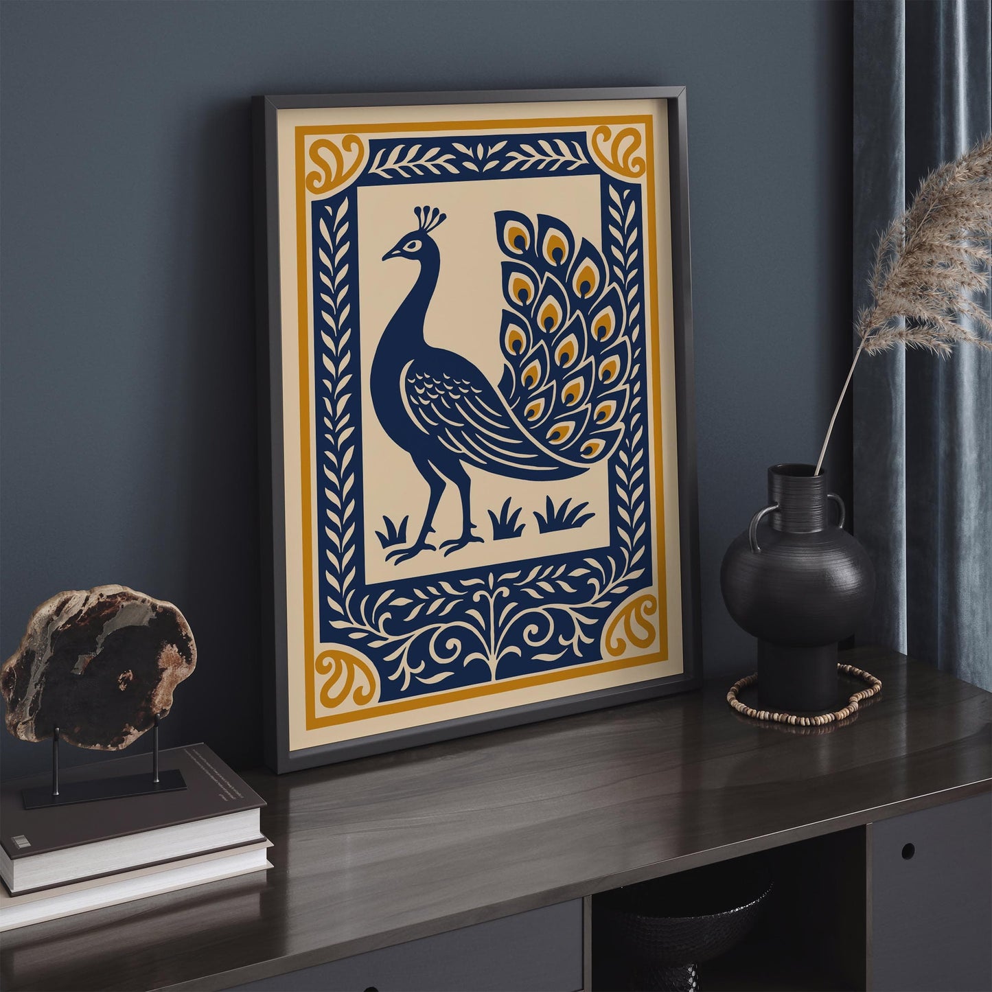 Navy Blue Peacock Art Print – Elegant Rococo Style Wall Art