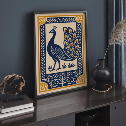 Navy Blue Peacock Art Print – Elegant Rococo Style Wall Art