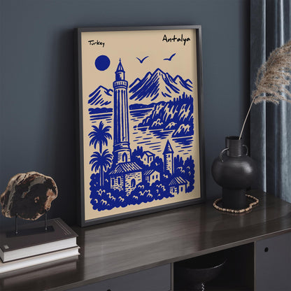Turkey Travel Poster - Antalya Blue Coastal Art