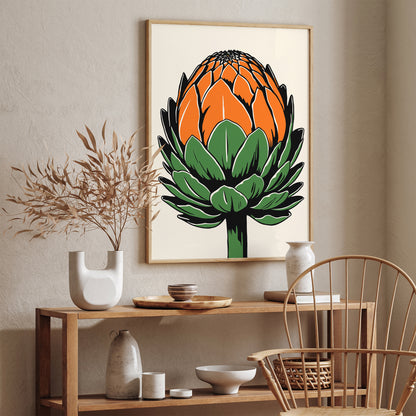 Retro Linocut Orange Green Artichoke Print