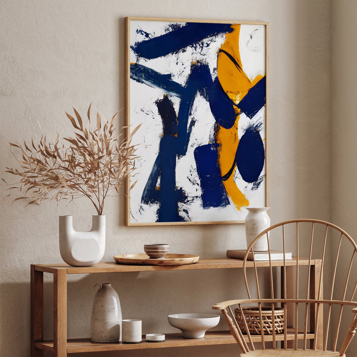 Navy Blue and Yellow Abstract Painting Print