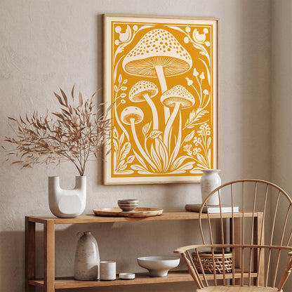 Forest Mushroom Poster – Warm Yellow Botanical Wall Art