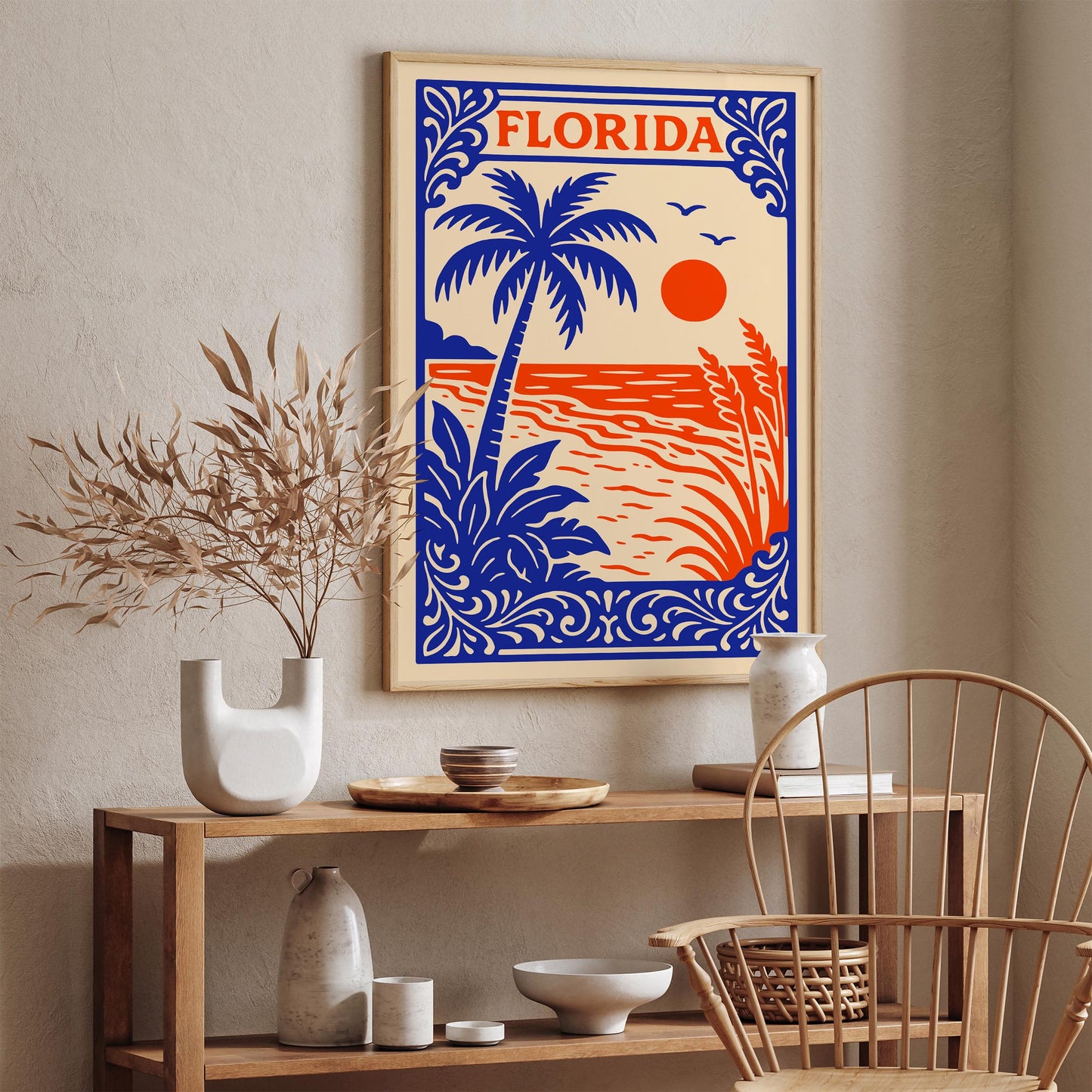 Florida Retro Travel Poster - Vintage Beach Palm Tree Wall Art