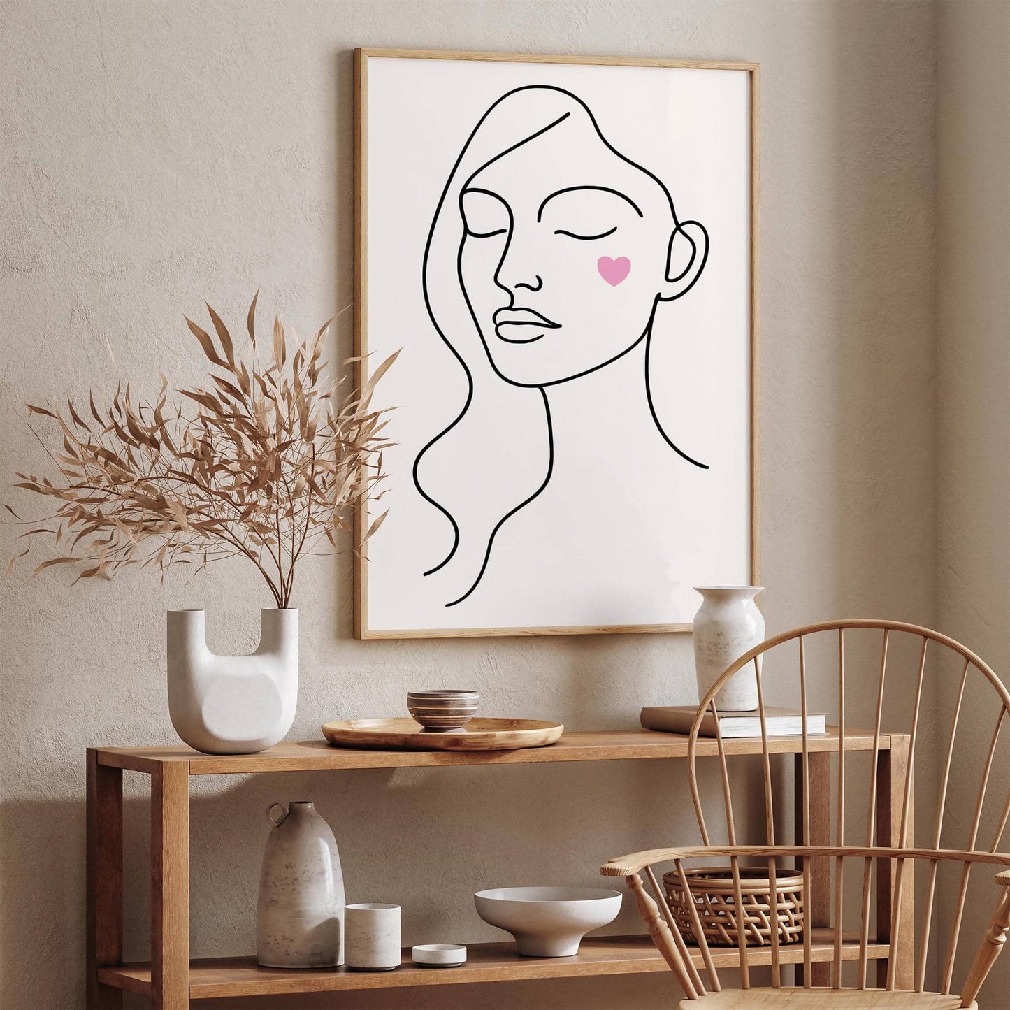 Line Art Cute Woman Portrait with Pink Heart on Cheek