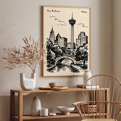San Antonio Texas Black Ink Travel Poster