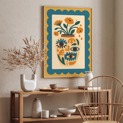 Boho Floral Vase with Eyes – Retro Wall Art