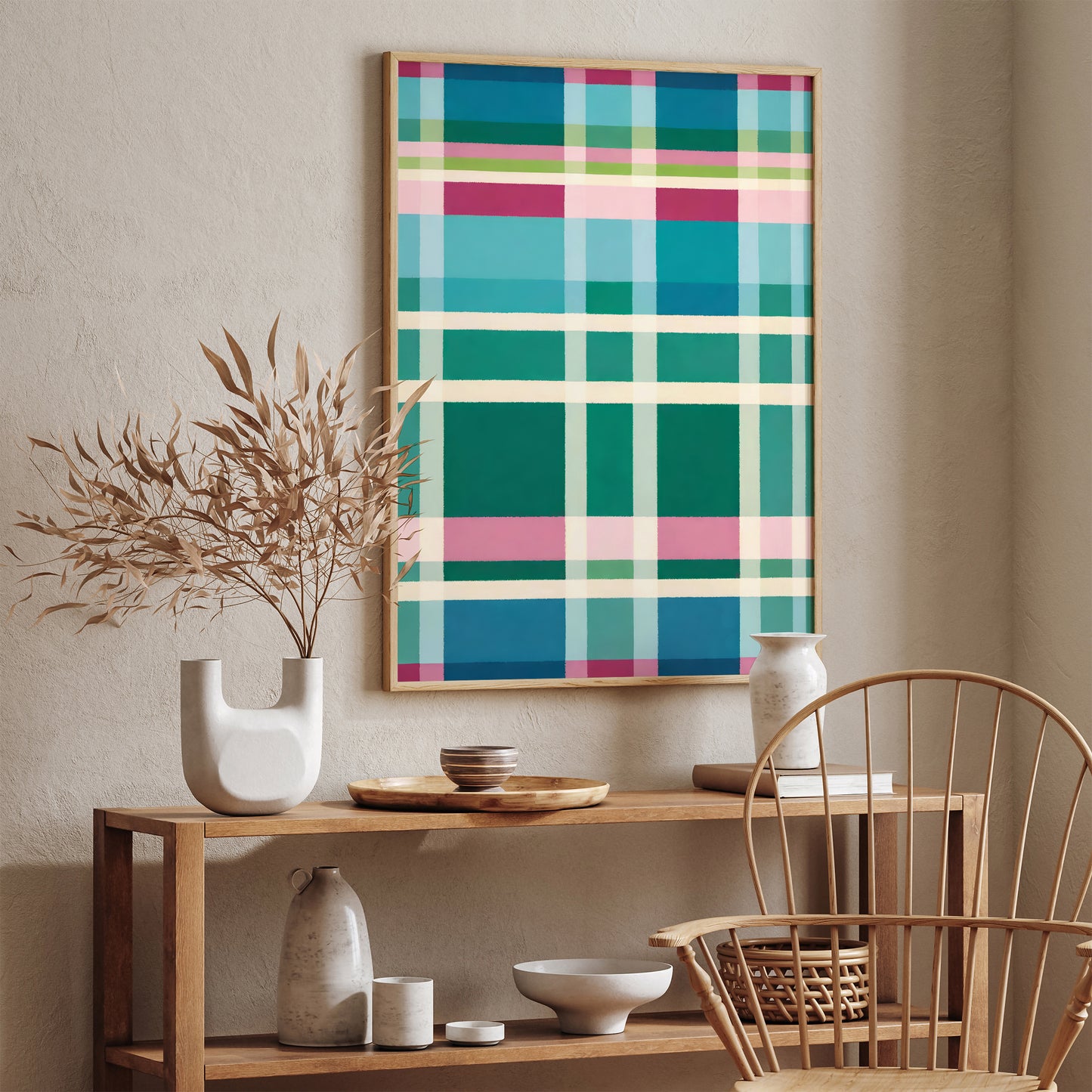 Farmhouse Style Abstract Checkered Art Print - Colorful Wall Decor