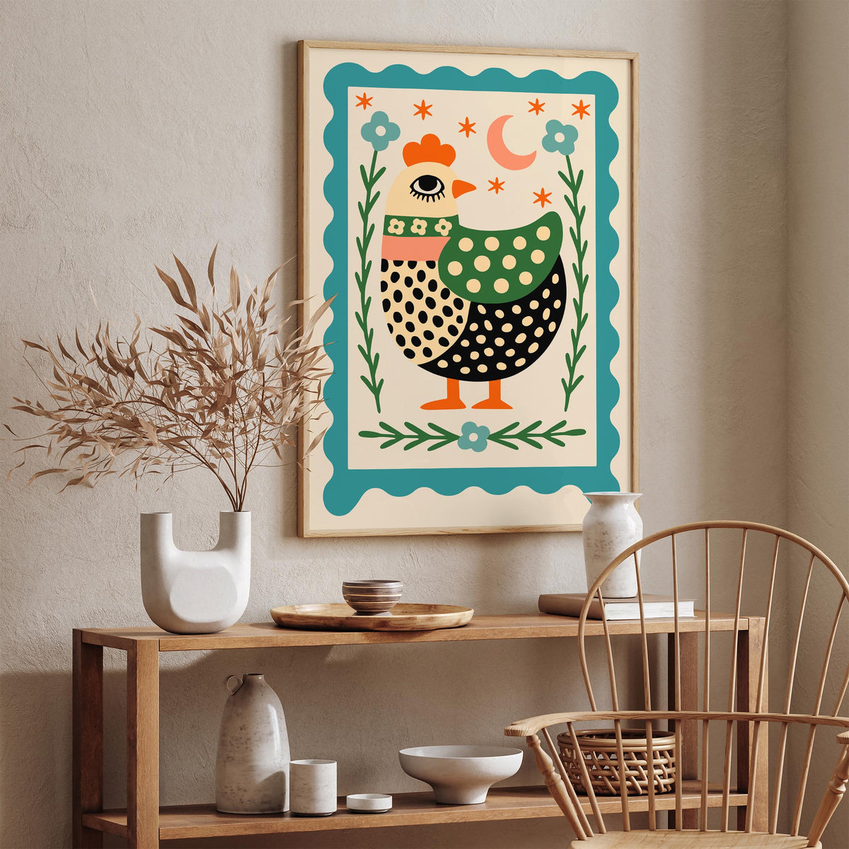 Retro Folk Chicken Poster