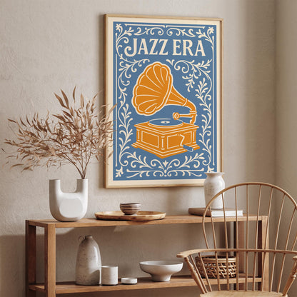Jazz Era Music Poster - Blue & Yellow Floral Art Print