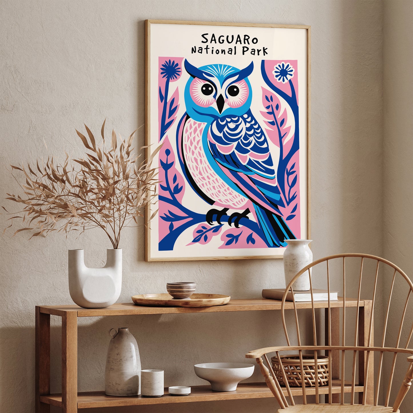 Saguaro National Park Pink Blue Owl Art Print