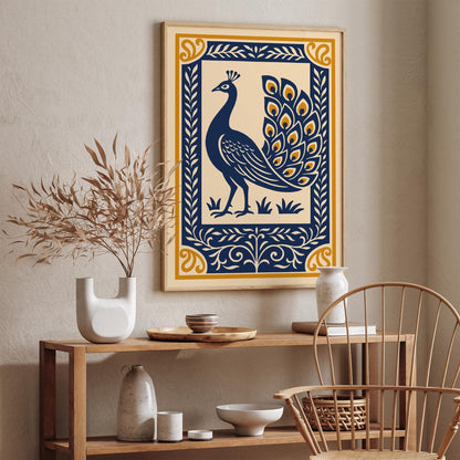 Navy Blue Peacock Art Print – Elegant Rococo Style Wall Art