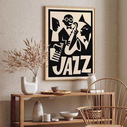 Black Retro Jazz Music Poster - Funny Cubist Music Art Print