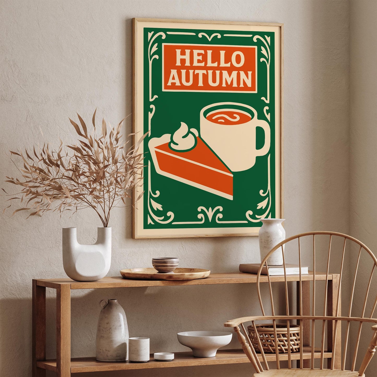 Hello Autumn Poster - Pumpkin Pie and Hot Cocoa Drink Wall Art