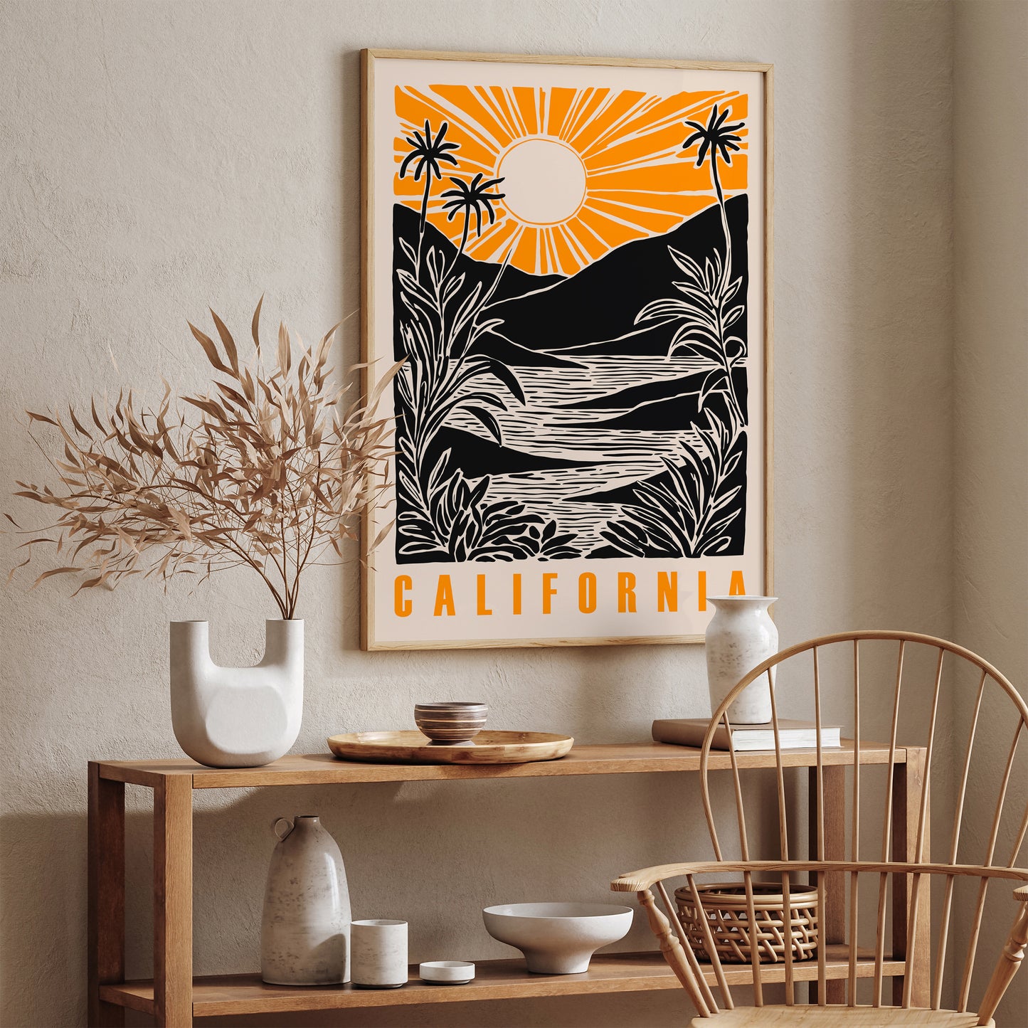 California Linocut Sunset Art Print