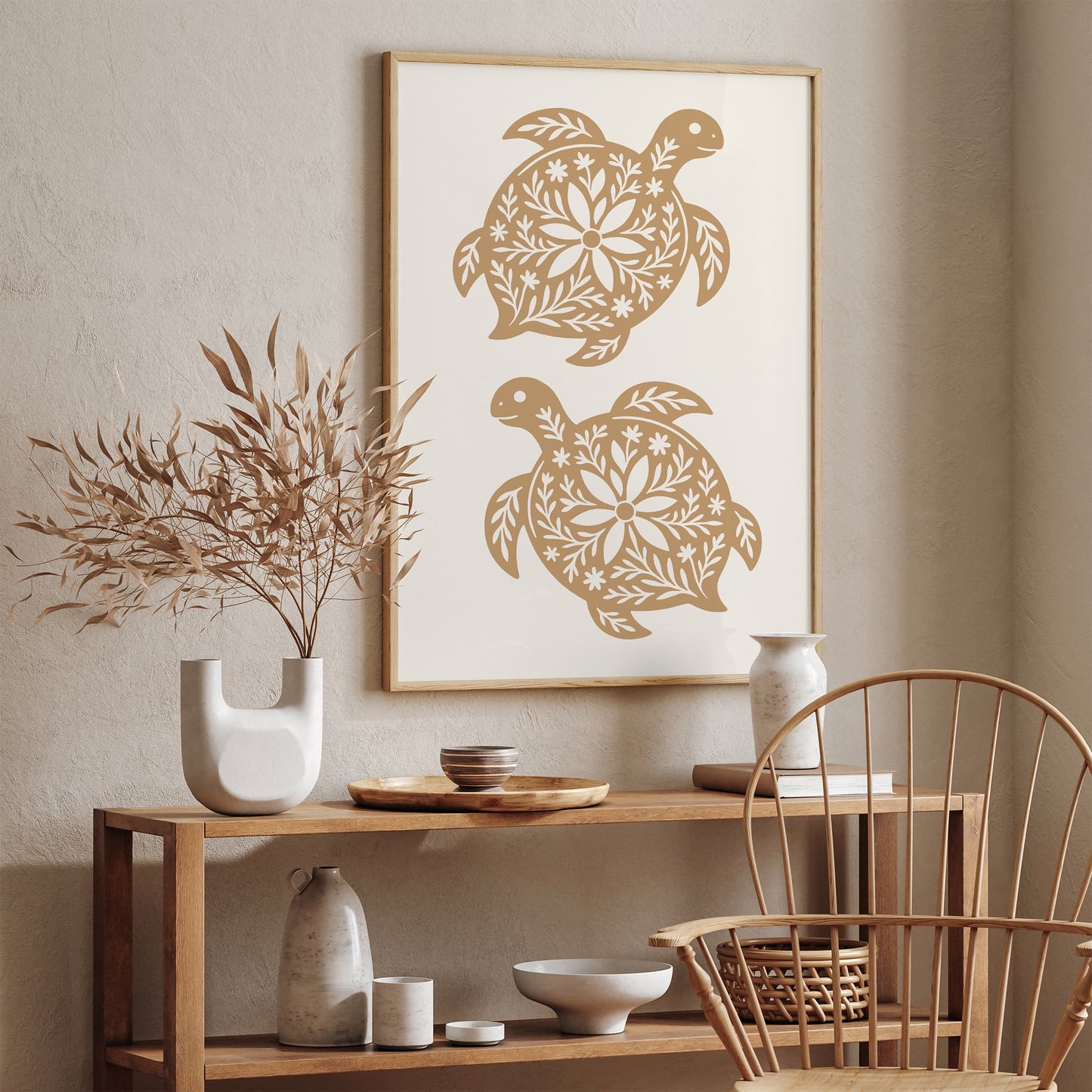 Boho Farmhouse Turtle Linocut Style Art Print
