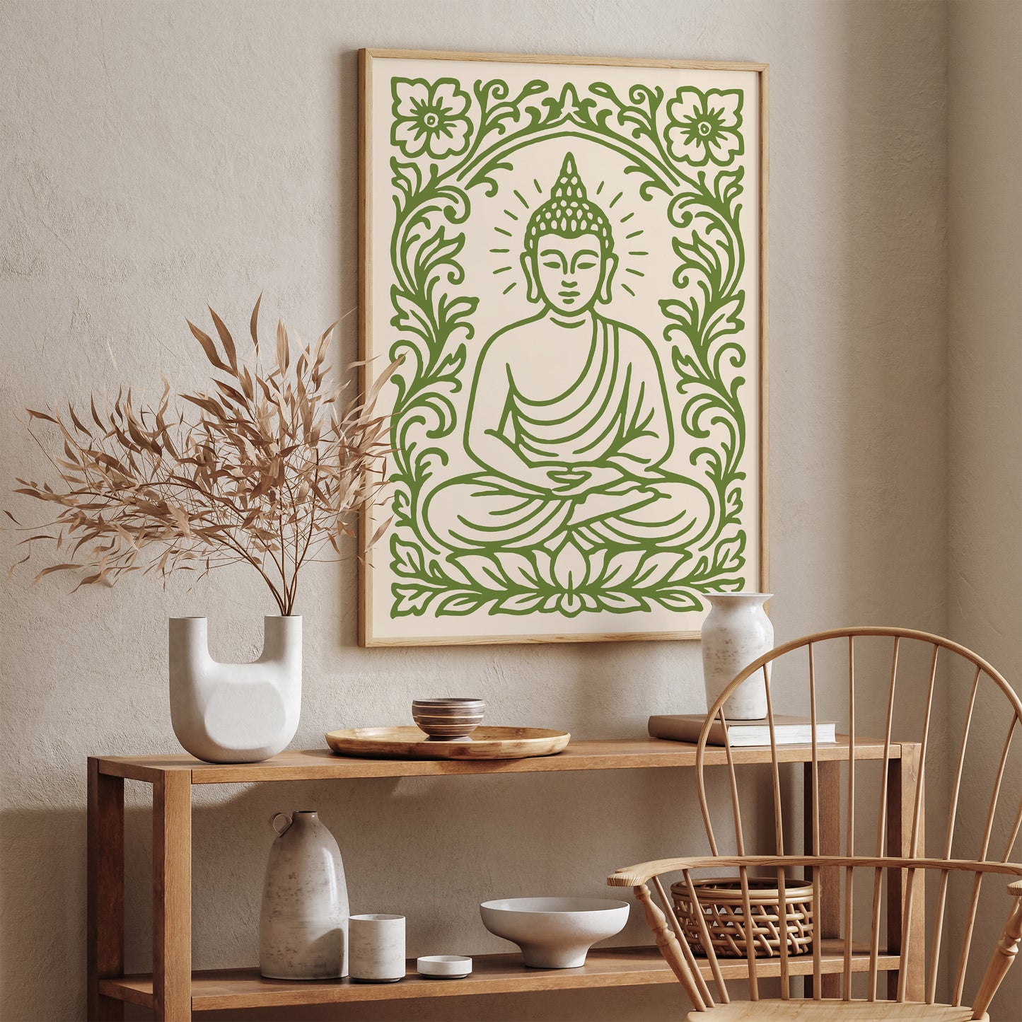Green Sitting Buddha Poster – Floral Buddhist Art Print