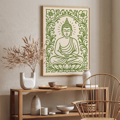 Green Sitting Buddha Poster – Floral Buddhist Art Print