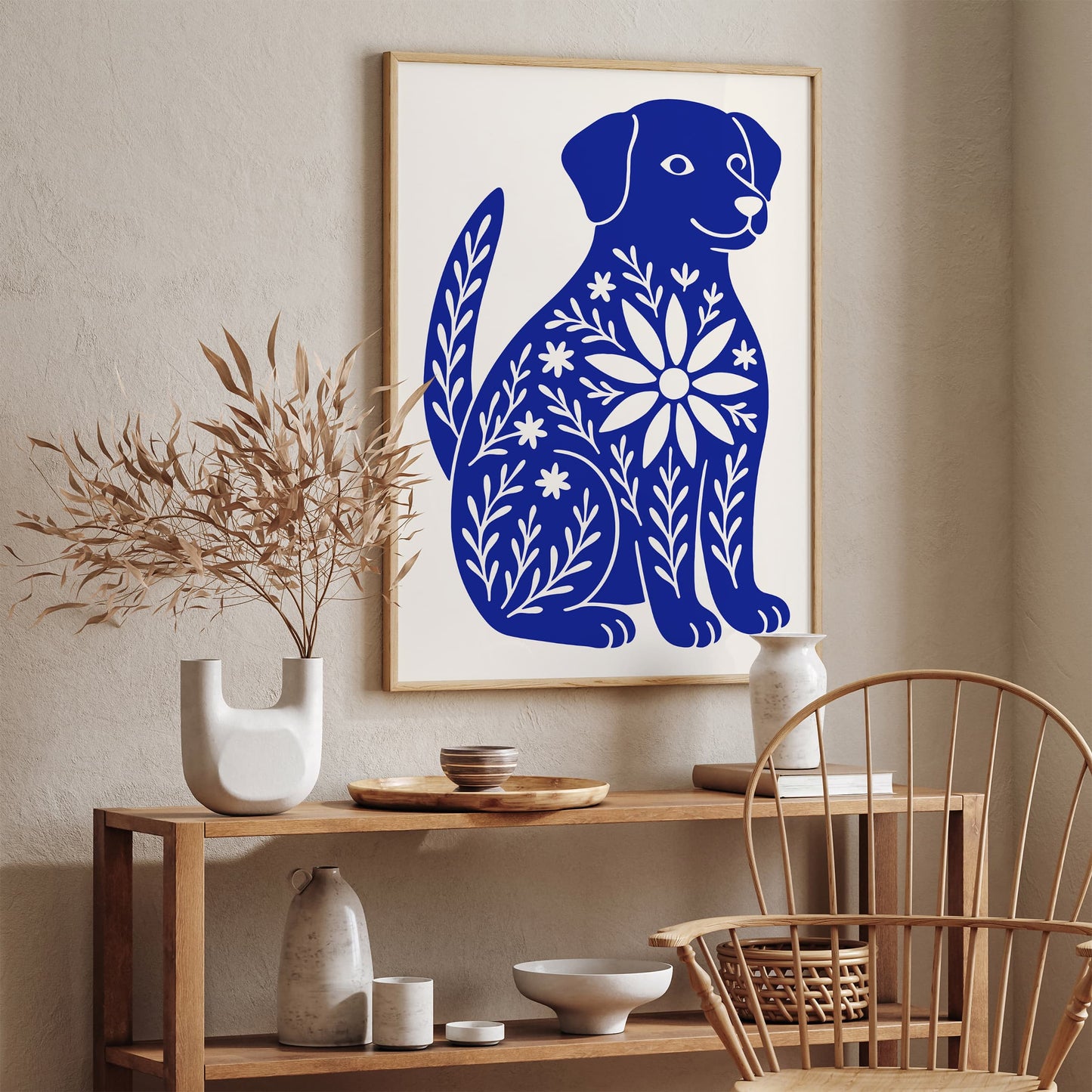 Cute Blue Dog with Floral Pattern Poster
