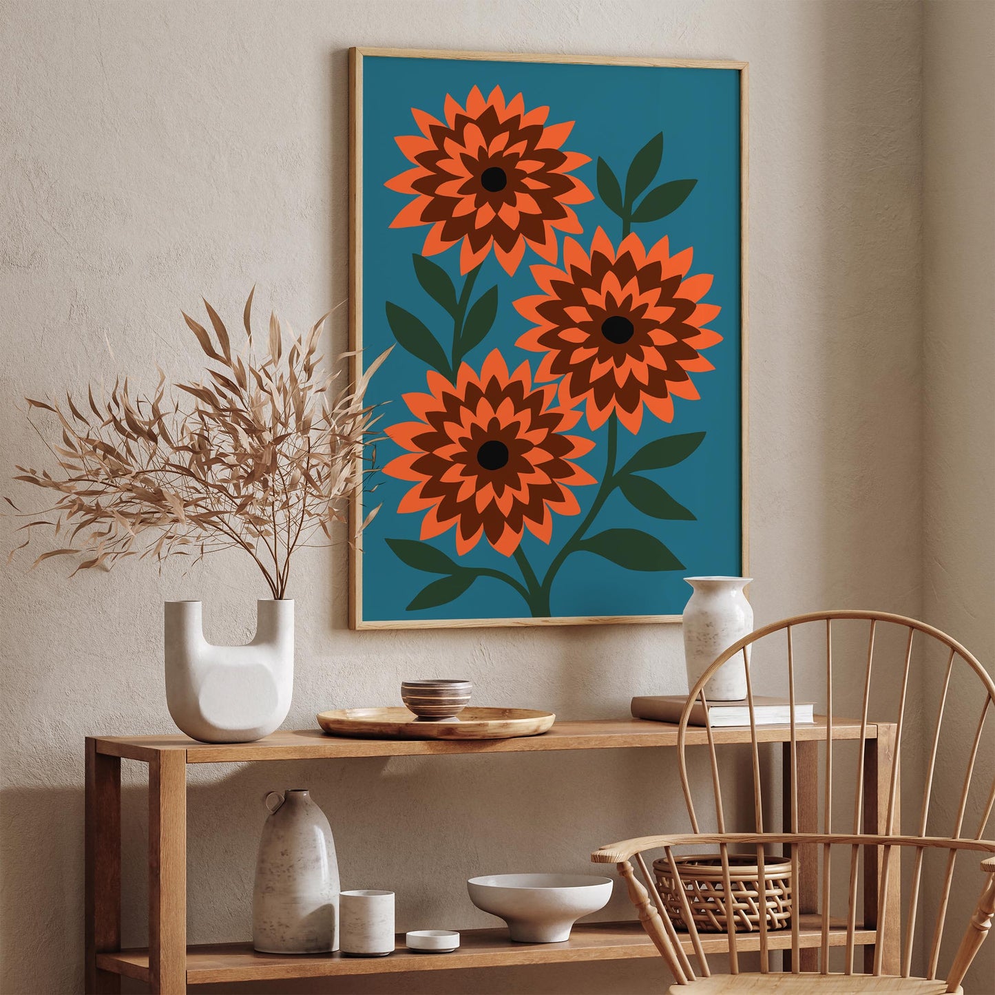 Retro Dahlia Flowers Poster, Colorful Nature Wall Art Print