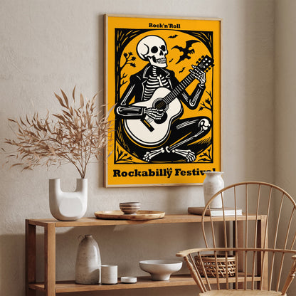 Yellow Skeleton Playing Guitar Rockabilly Music Poster