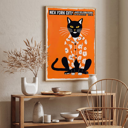 Jazz Celebrations with Cute Cat Orange Wall Art