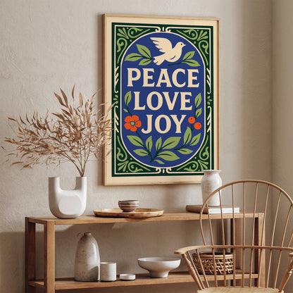 Peace Love Joy Poster – Dove & Floral Wall Art