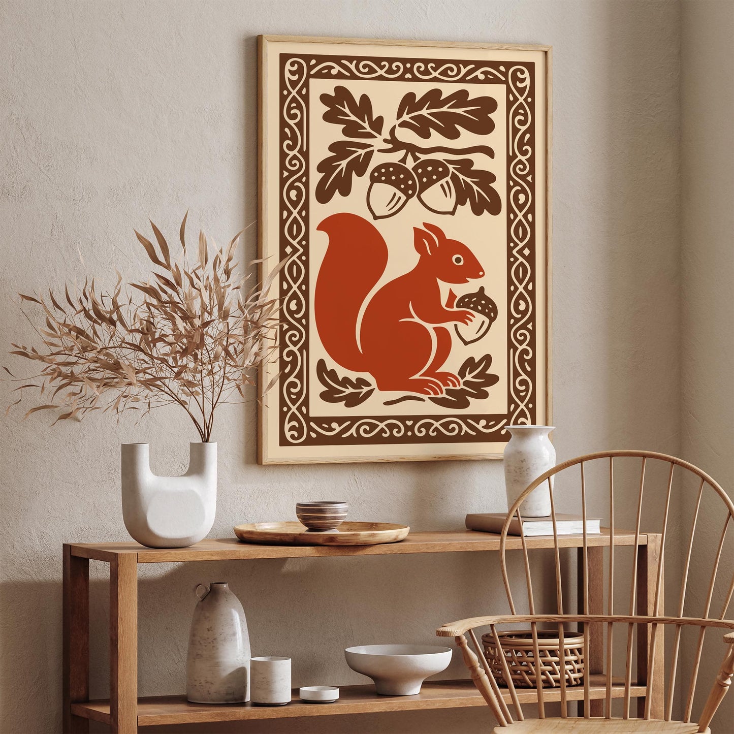 Autumn Squirrel Folk Art Print - Fall Woodcut Style Wall Decor Poster