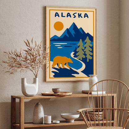 Alaska Landscape with Mountains and Bear Poster