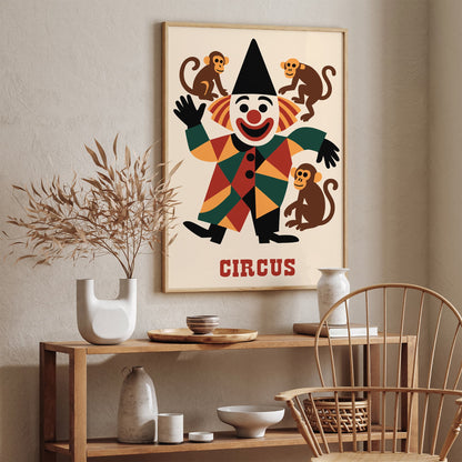 Circus Poster Funny Clown with Monkeys Art Print