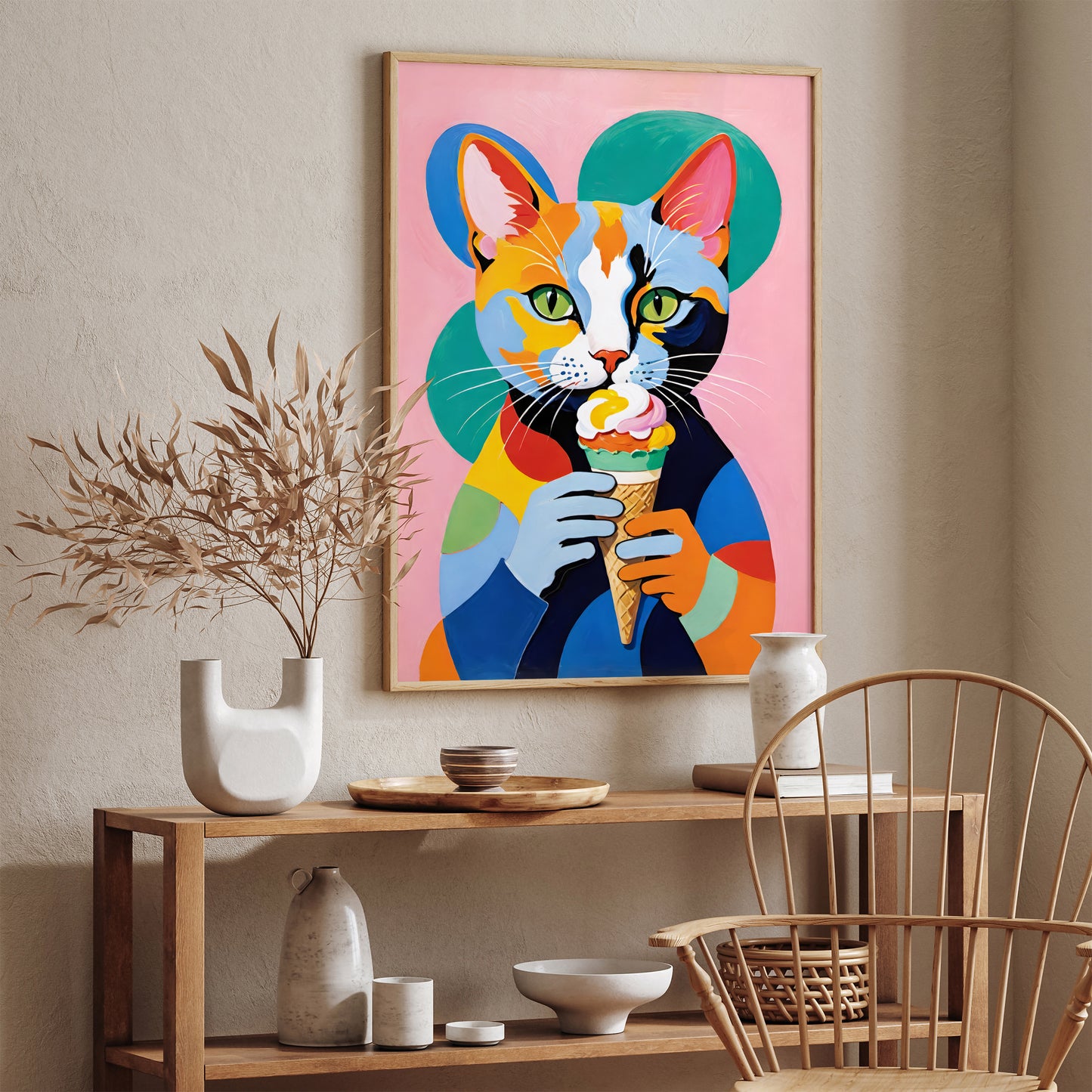 Cute Cat with Ice Cream Art Print 2024