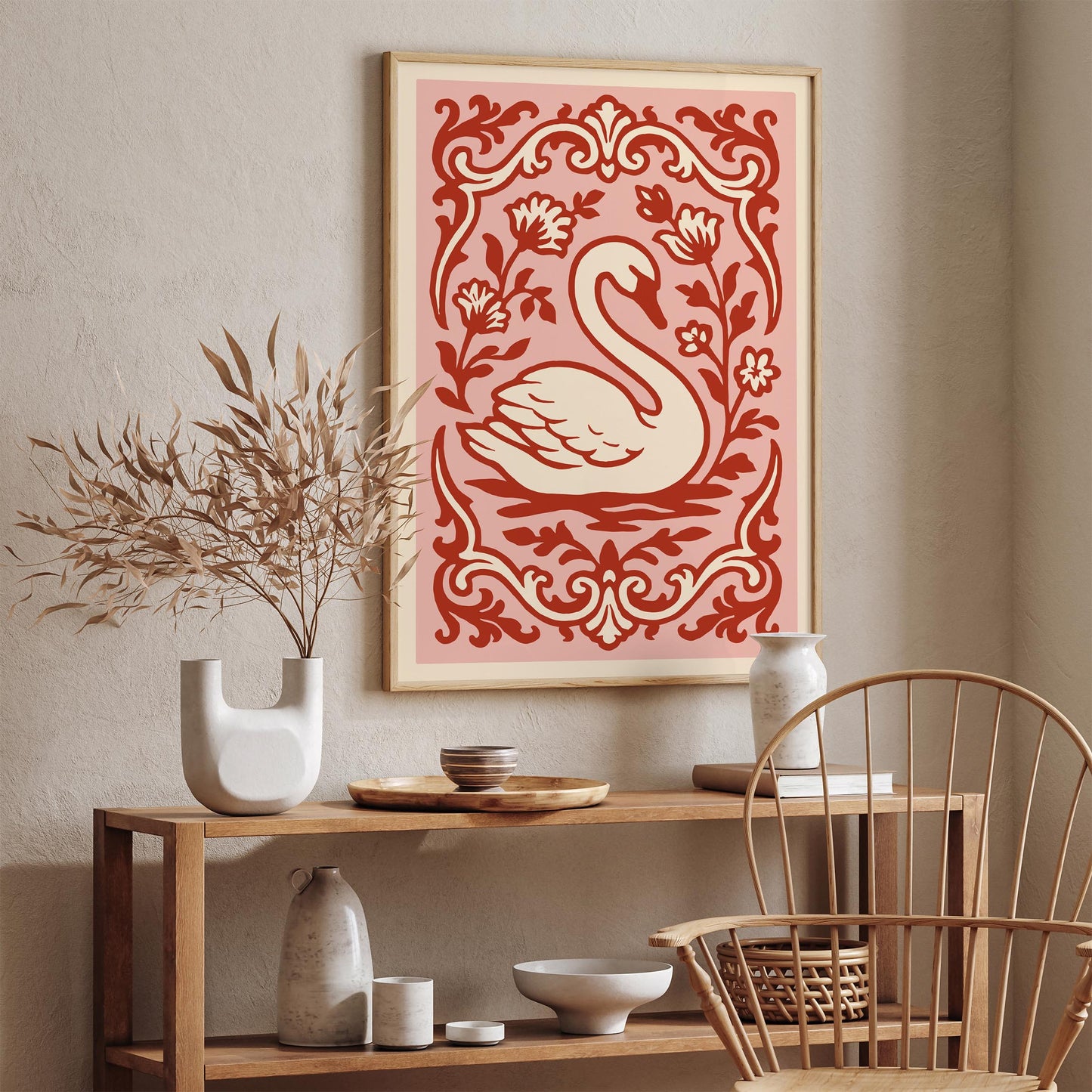 Rococo Swan Poster – Pink Red Vintage Wall Art