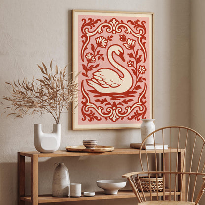 Rococo Swan Poster – Pink Red Vintage Wall Art