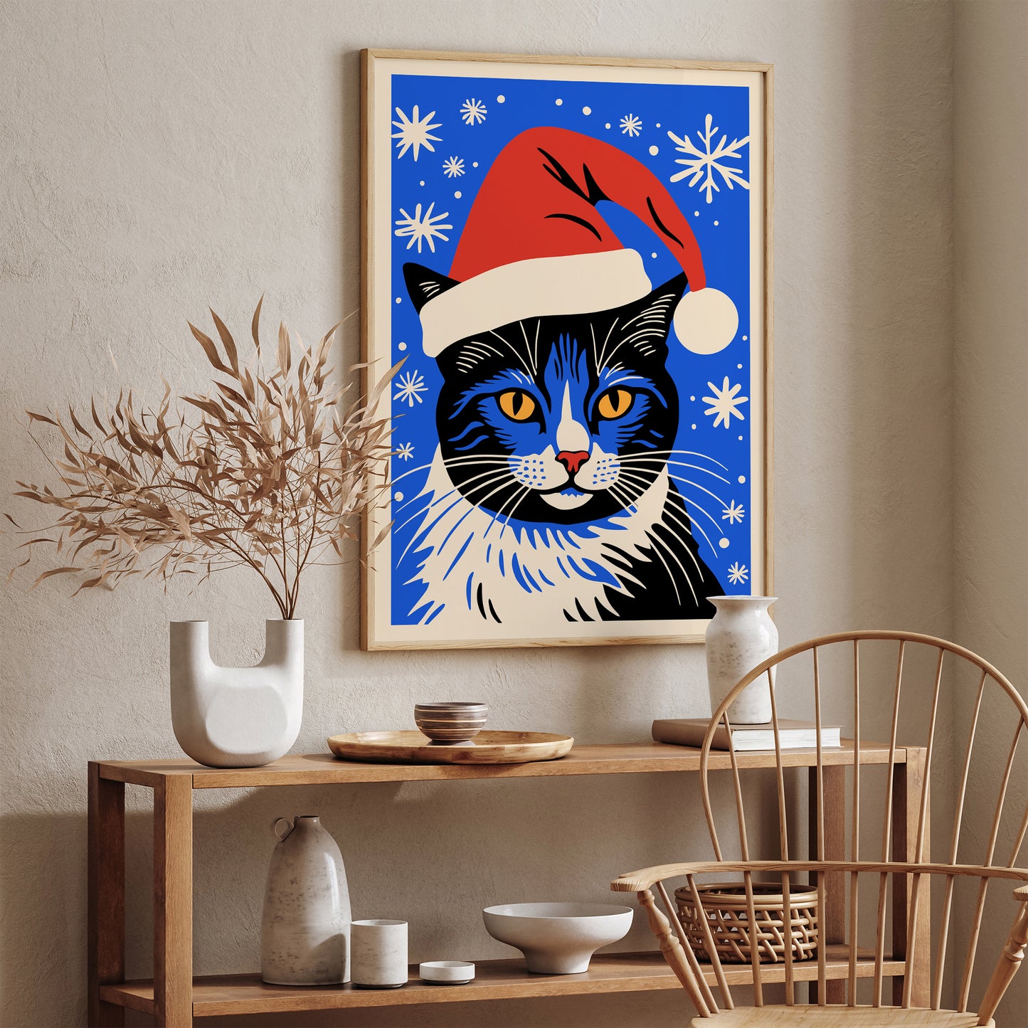 Cat Santa Blue Art Print