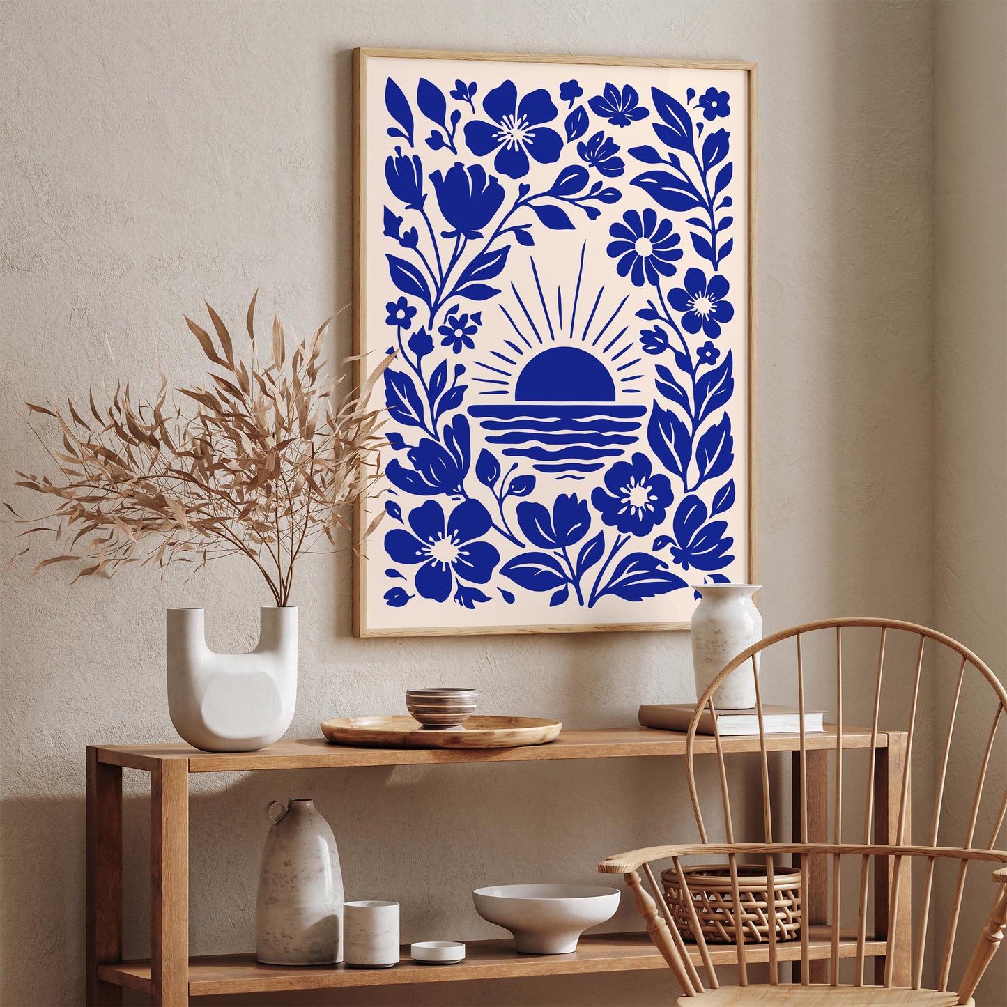 Blue Sunset & Flowers Poster – Botanical Nature Wall Art Print