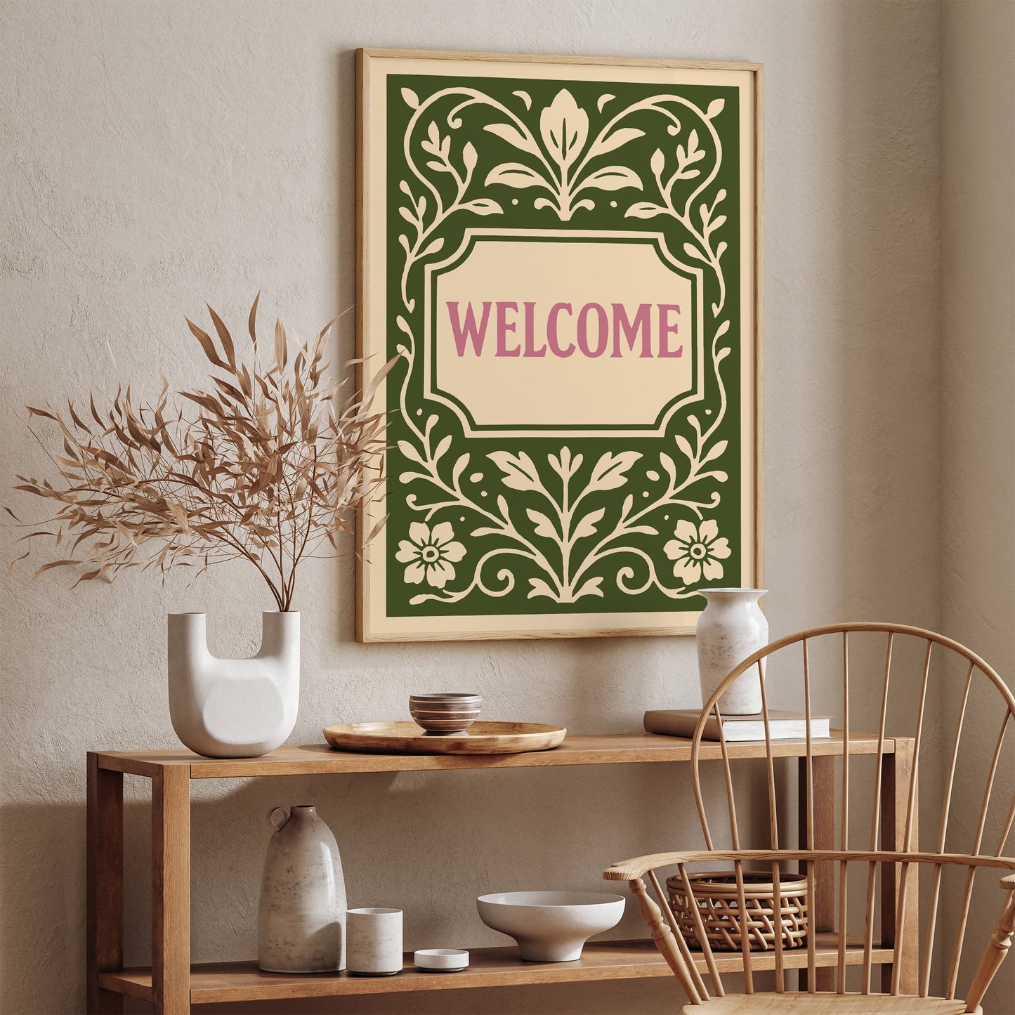 Green Welcome Sign Art Print in Floral Botanical Rococo Style