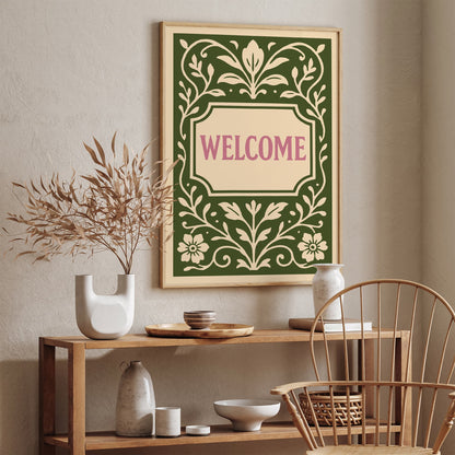 Green Welcome Sign Art Print in Floral Botanical Rococo Style