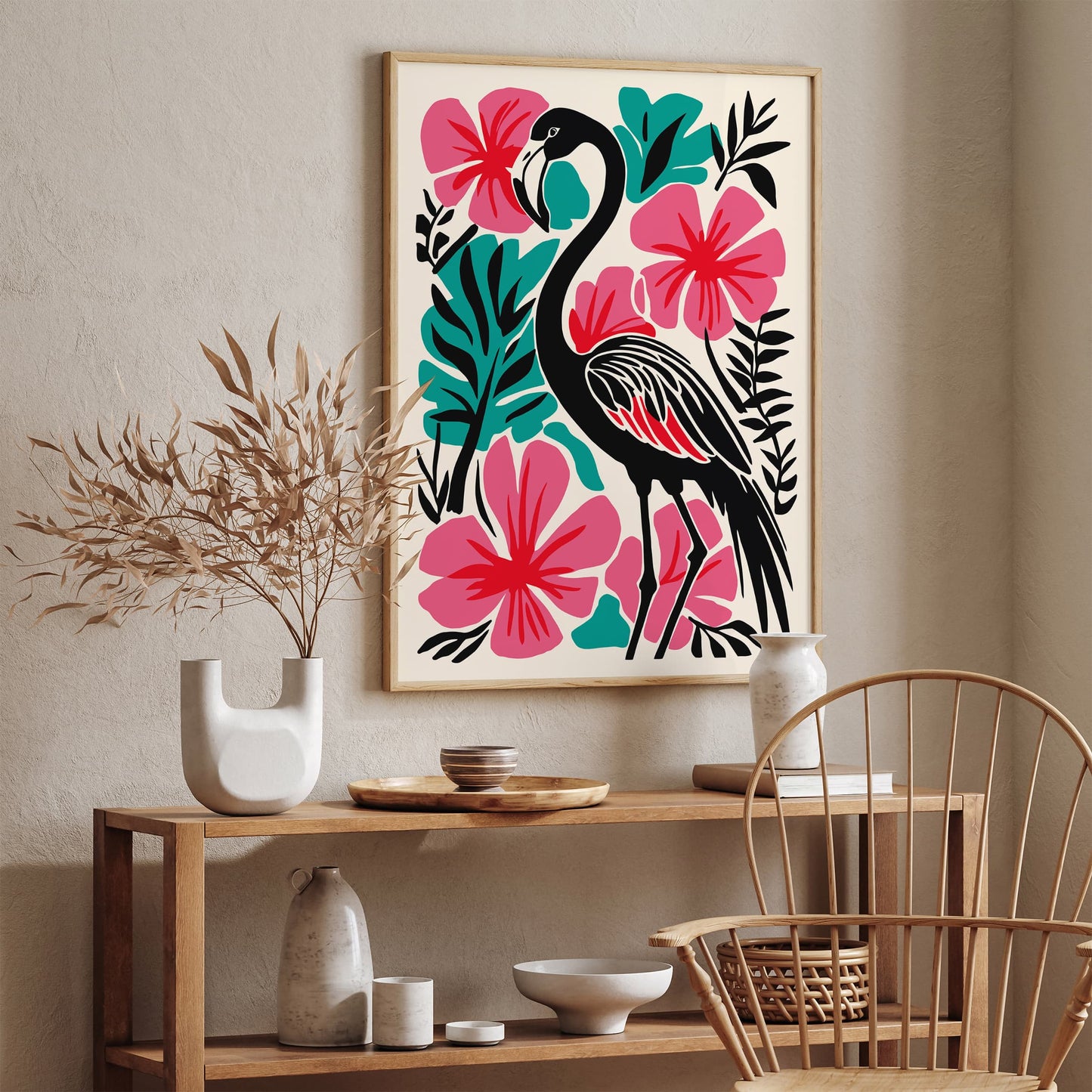 Tropical Black Flamingo Art Print – Bold Maximalist Floral Wall Decor