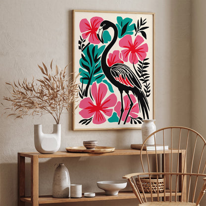 Tropical Black Flamingo Art Print – Bold Maximalist Floral Wall Decor
