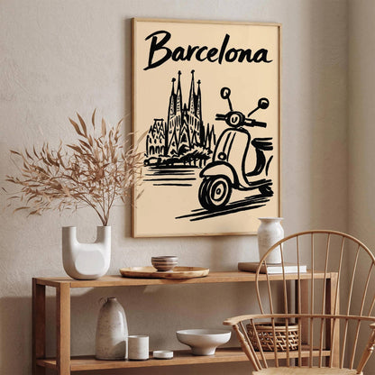 Barcelona Black Ink Style Travel Poster