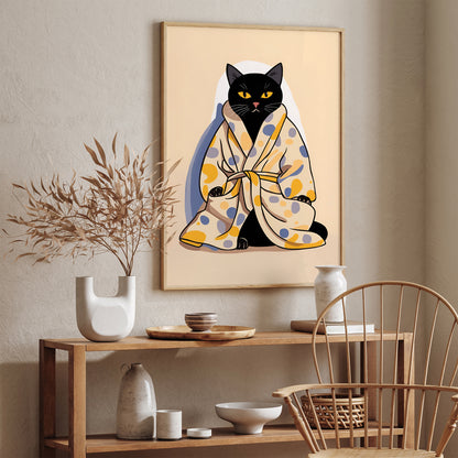 Bathrobe Cat Cute Bathroom Wall Art Print