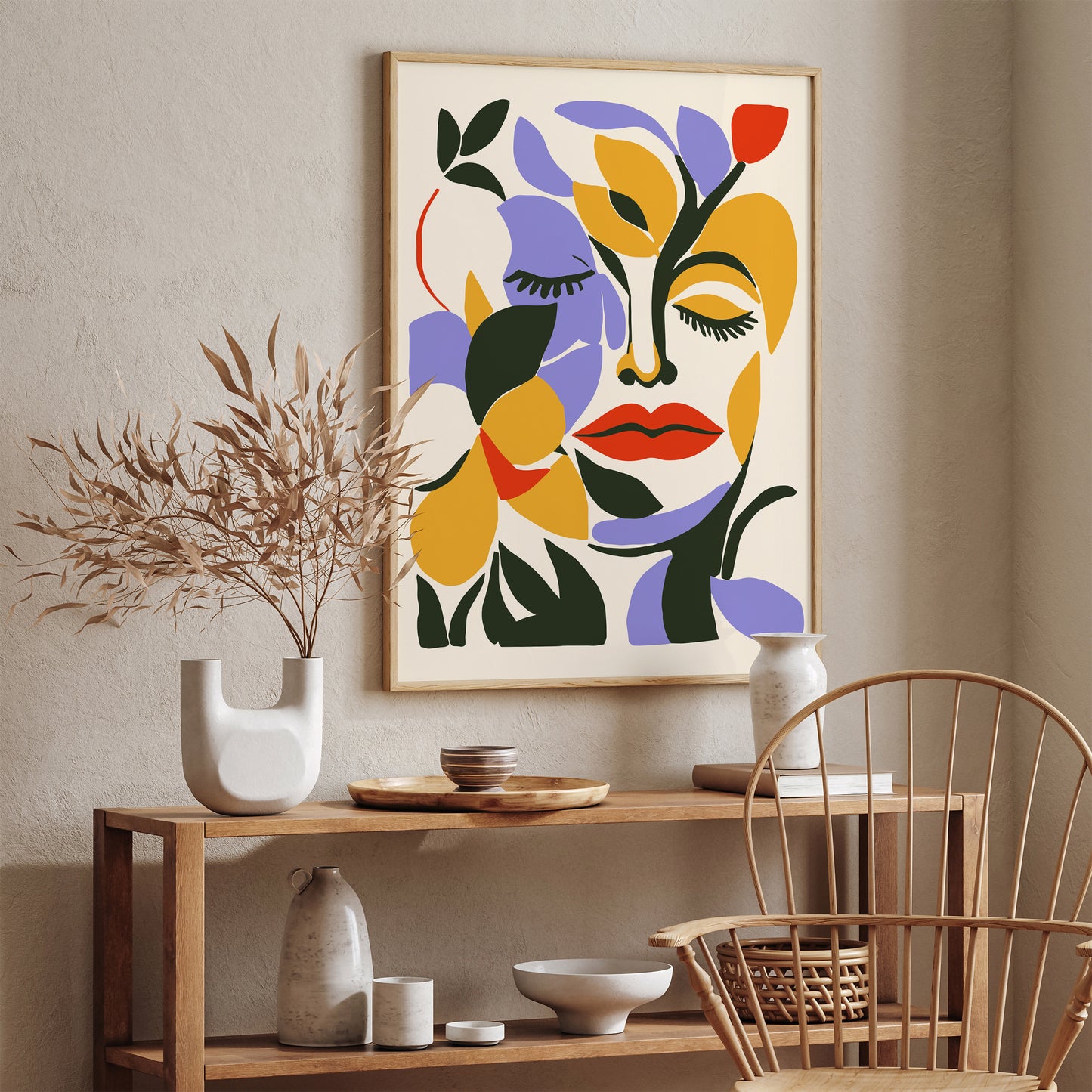 Woman with Big Red Lips & Flowers Poster