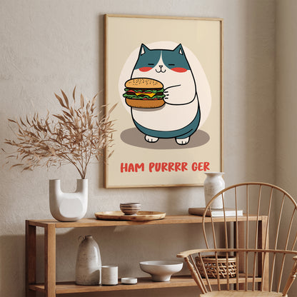 Funny Cartoon Cat with Hamburger Art Print