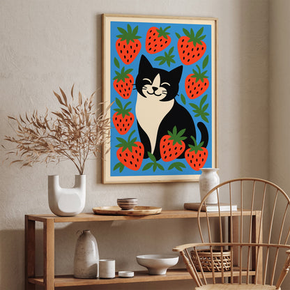 Cat in Strawberries Poster