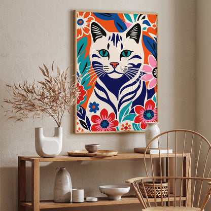 Colorful Cat in Flowers Illustration