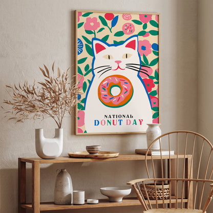 National Donut Day Pink Cat Poster 2024