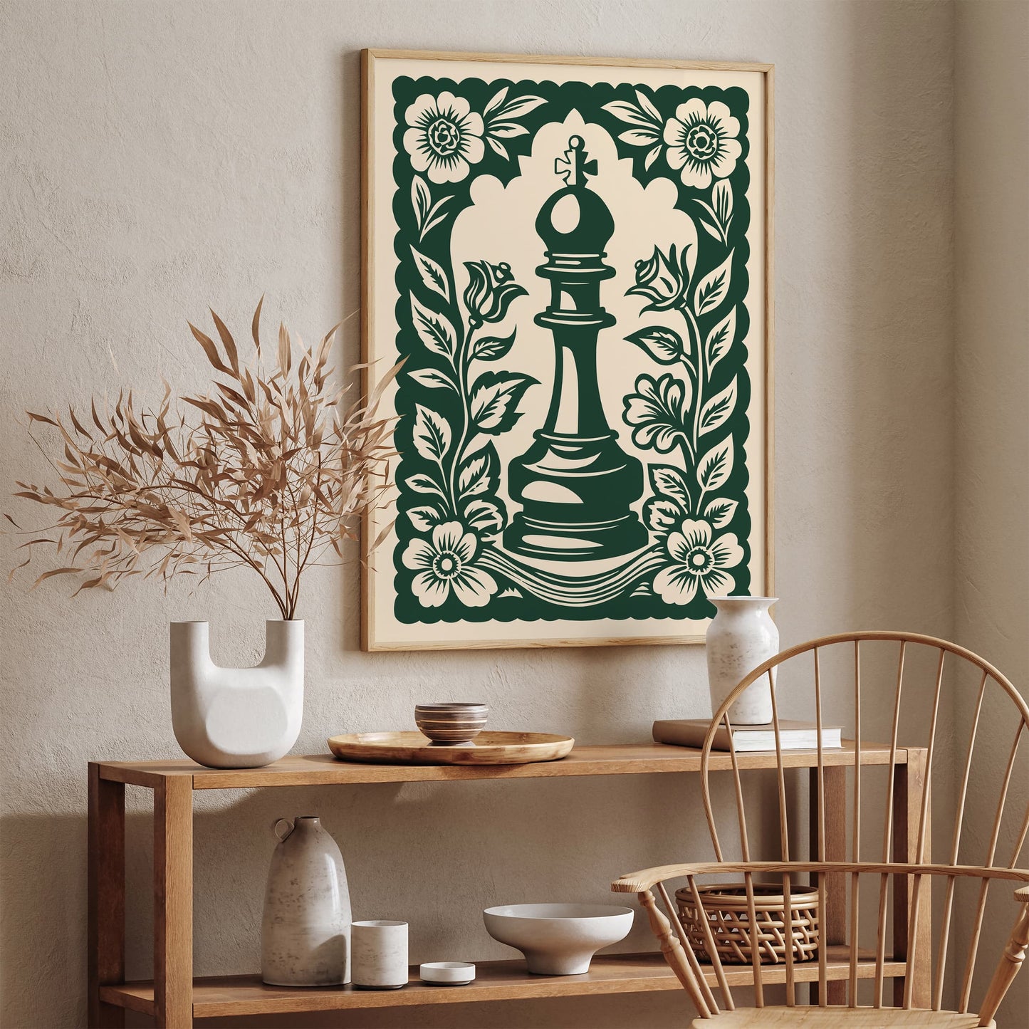 Green Linocut Chess Piece Poster
