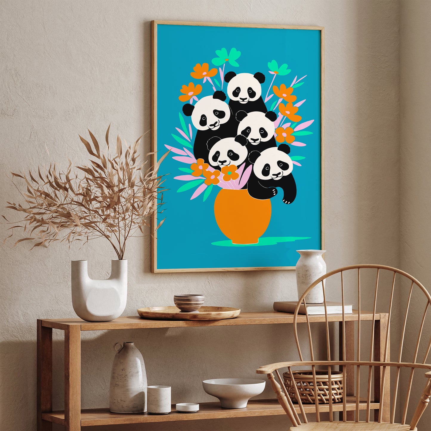 Funny Panda Flowers Kids Room Decor Print