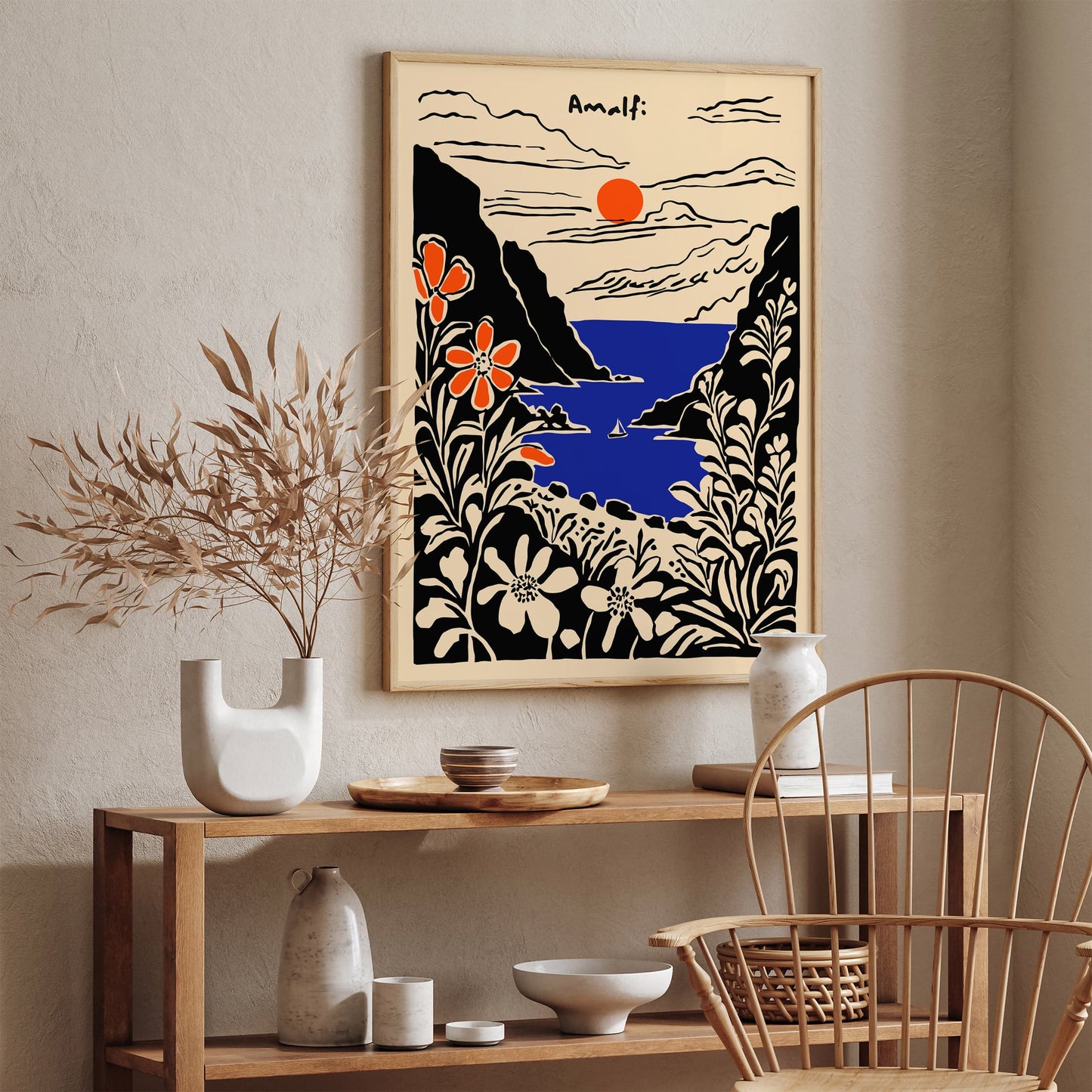 Amalfi Black Ink Style Landscape Art Print