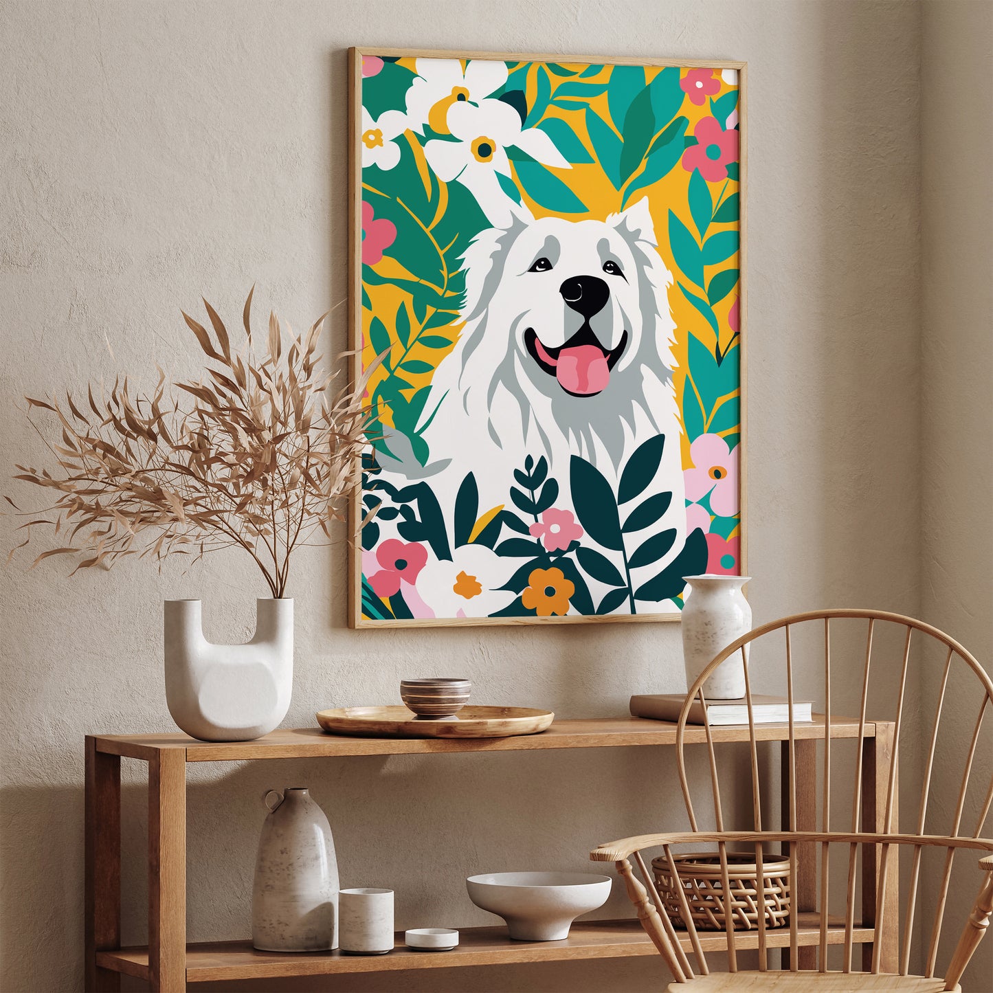 Joyful Dog Amidst Vibrant Blossoms Poster