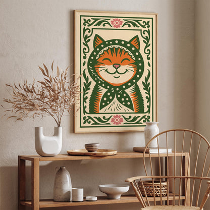 Whimsical Cat Poster - Folk Art Animal Wall Print
